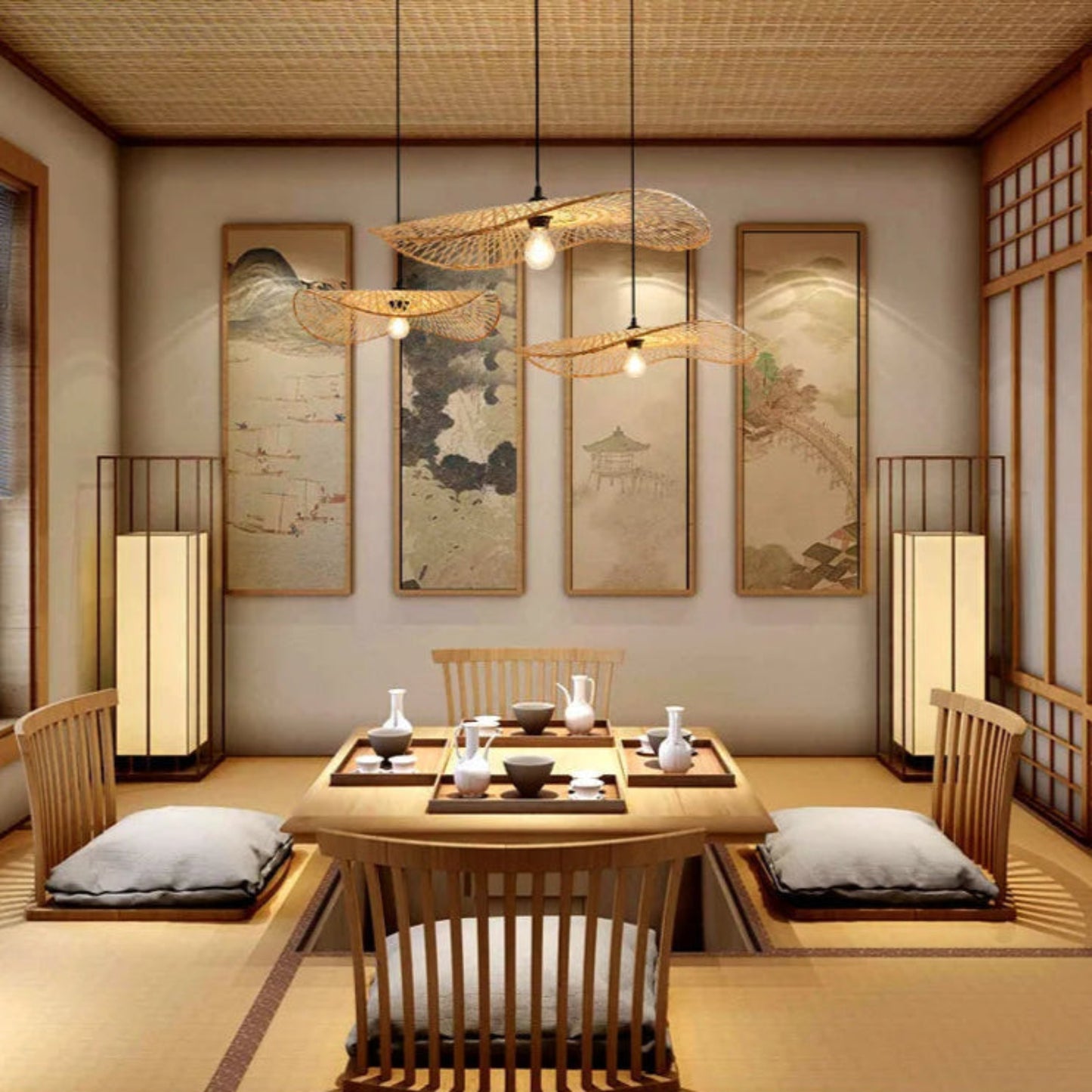 Hand Woven Bamboo Wicker Chandelier Ceiling Lamp